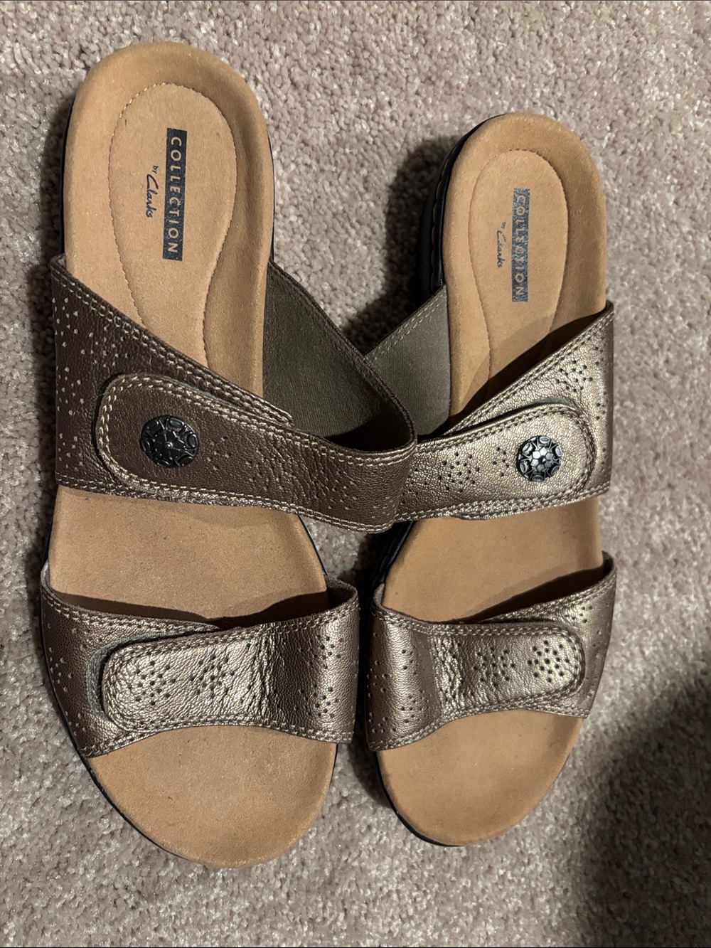 Clarks Women’s Metallic Bronze Double-Strap Slide Sandals